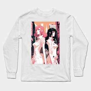 Pink and Black - Cyberpunk Illustrated Portrait Two Women Posing in Front of a Bustling Cityscape Long Sleeve T-Shirt